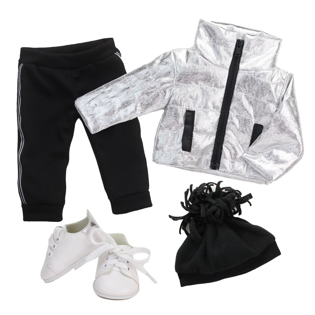 Sophia’s Complete Four-Piece Metallic Zip-Up Jacket, Black Side Stripe Joggers, Sneakers, & Pom Pom Hat for 18” Dolls, Silver/Black