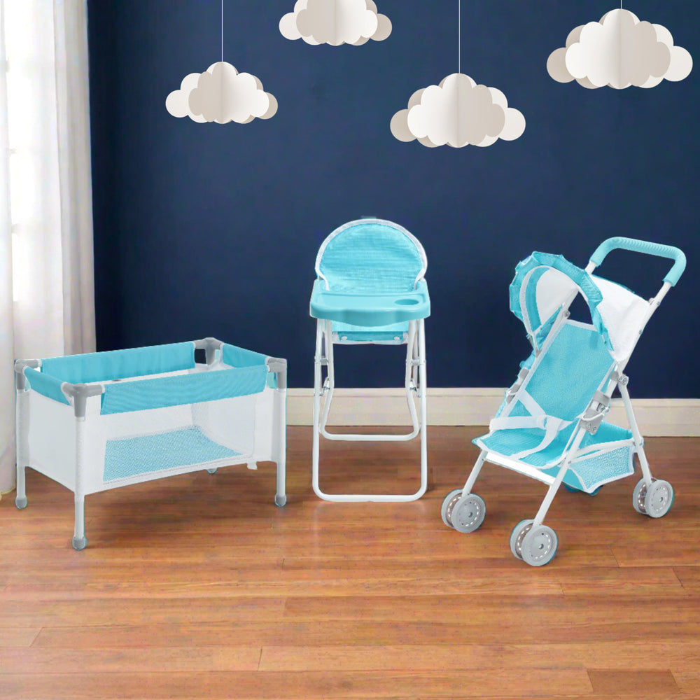 the three blue doll accessory sets are displayed in a navy nursery