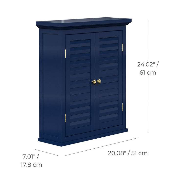 Dimensional graphic of a Navy blue wall cabinet with two faux louvered doors and gold hardware in inches and centimeters.