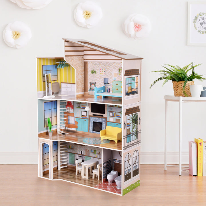 A three-story dollhouse view of the left panels. 