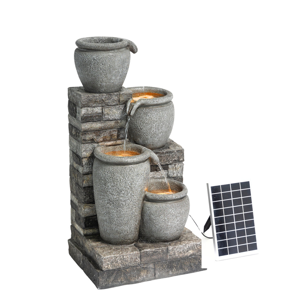 Teamson Home 30.7" 4-Tier Outdoor Solar Water Fountain with LED Lights, Gray