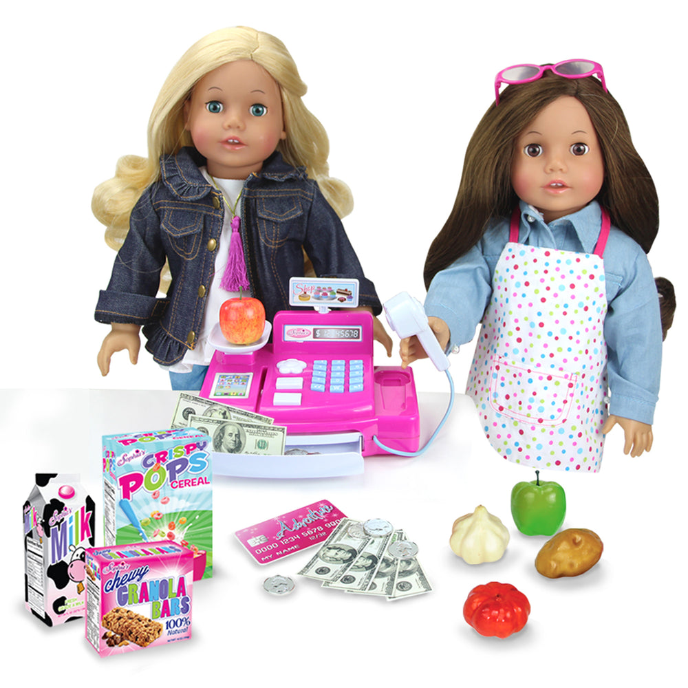 Sophia's Cash Register, Grocery Food, and Money Interactive Play Set for 18" Dolls, Hot Pink