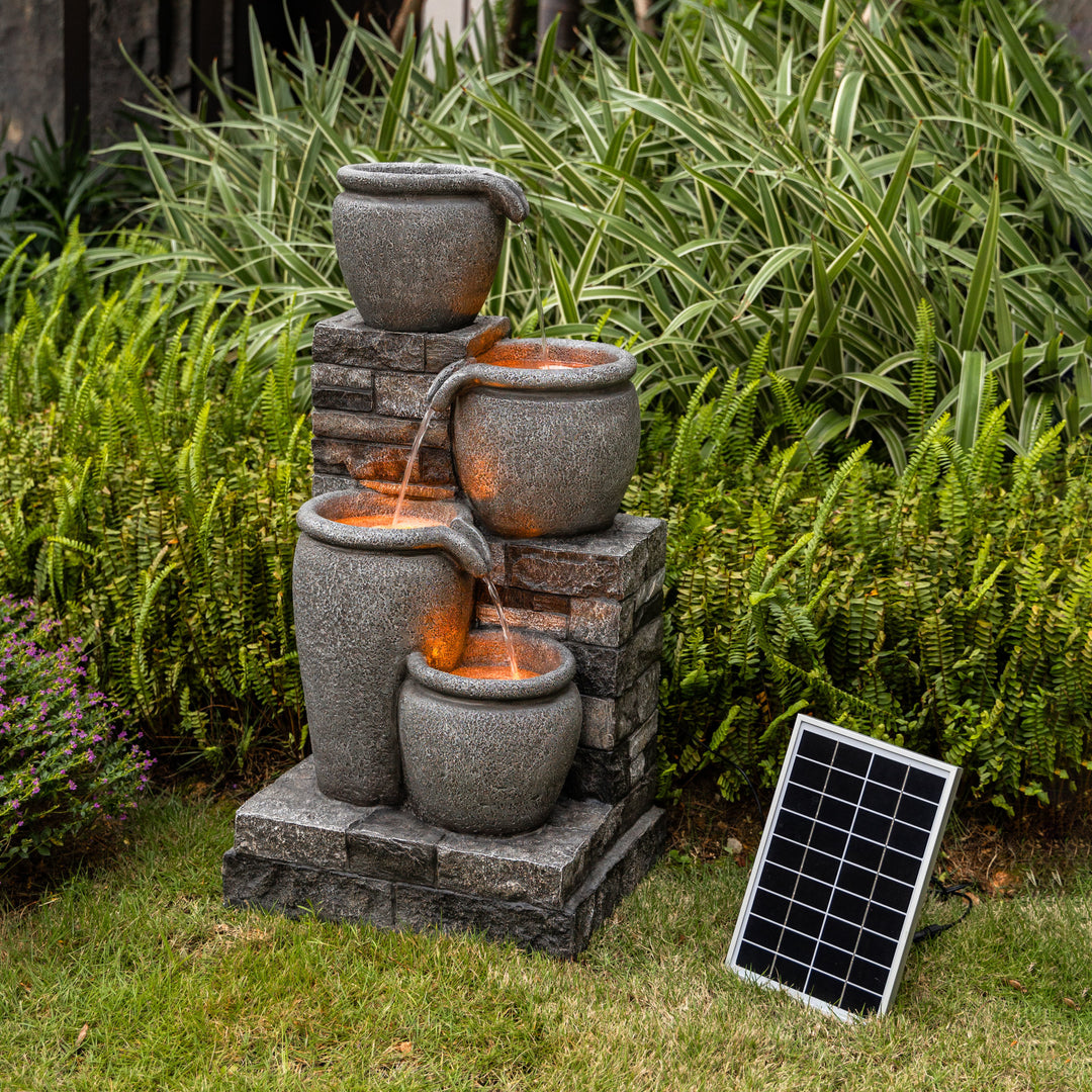 Teamson Home 30.7" 4-Tier Outdoor Solar Water Fountain with LED Lights, Gray