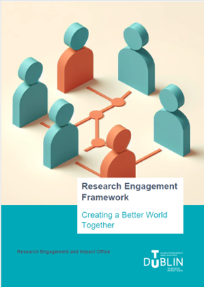 Image of the cover of the TU Dublin Research Engagement Framework. It includes an image of 6 abstracted figures all connecting to each other through a network of lines. It include the TU Dublin and the tagline 'Creating a Better World Together'.