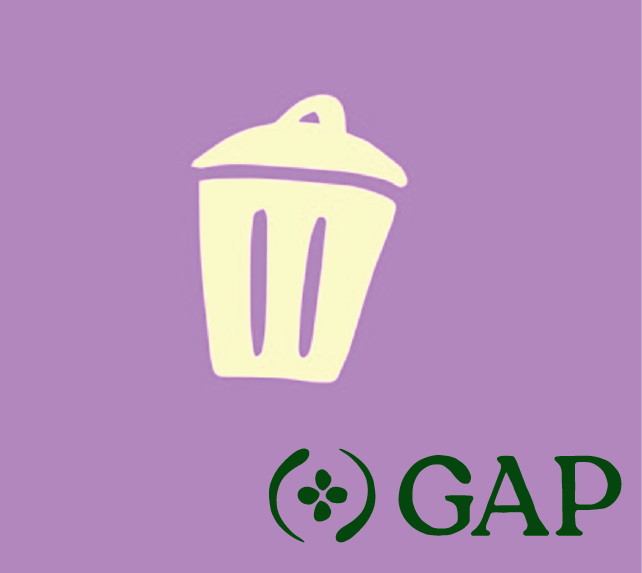 Graphic with cream waste bin and GAP logo on a purple background